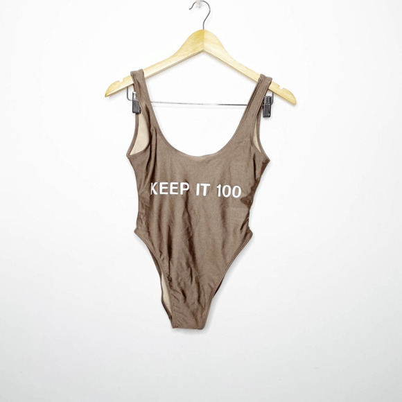 PRIVATE PARTY Keep it 100 Swimsuit one piece metallic mocha tan high leg S/M 0-4 - Picture 2 of 6